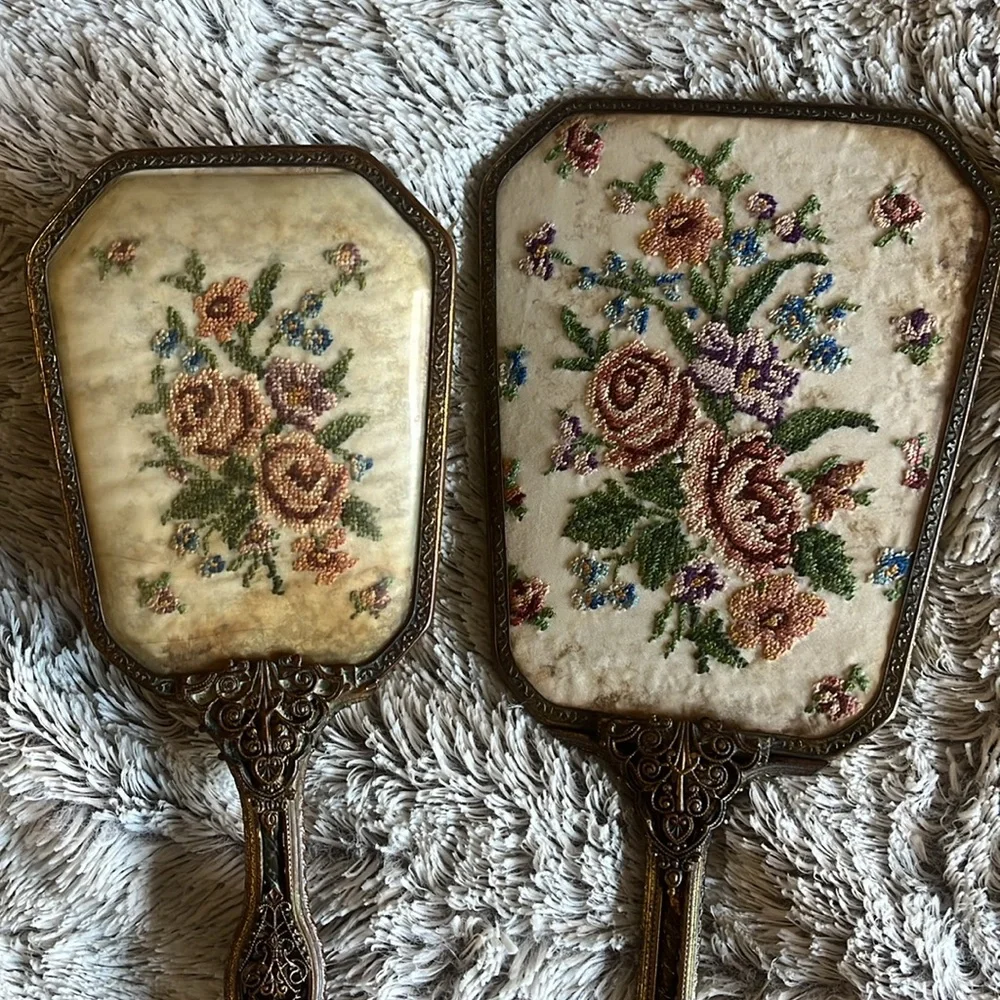 Antique mirror and brush set. Velvet with floral embordery design on back.